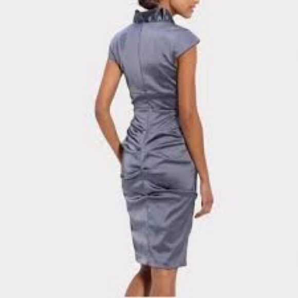 Xscape,Metallic Ruffle Satin Cocktail Silver Elegant Gray Satin Dress,EUC,Size 4 - Picture 6 of 13